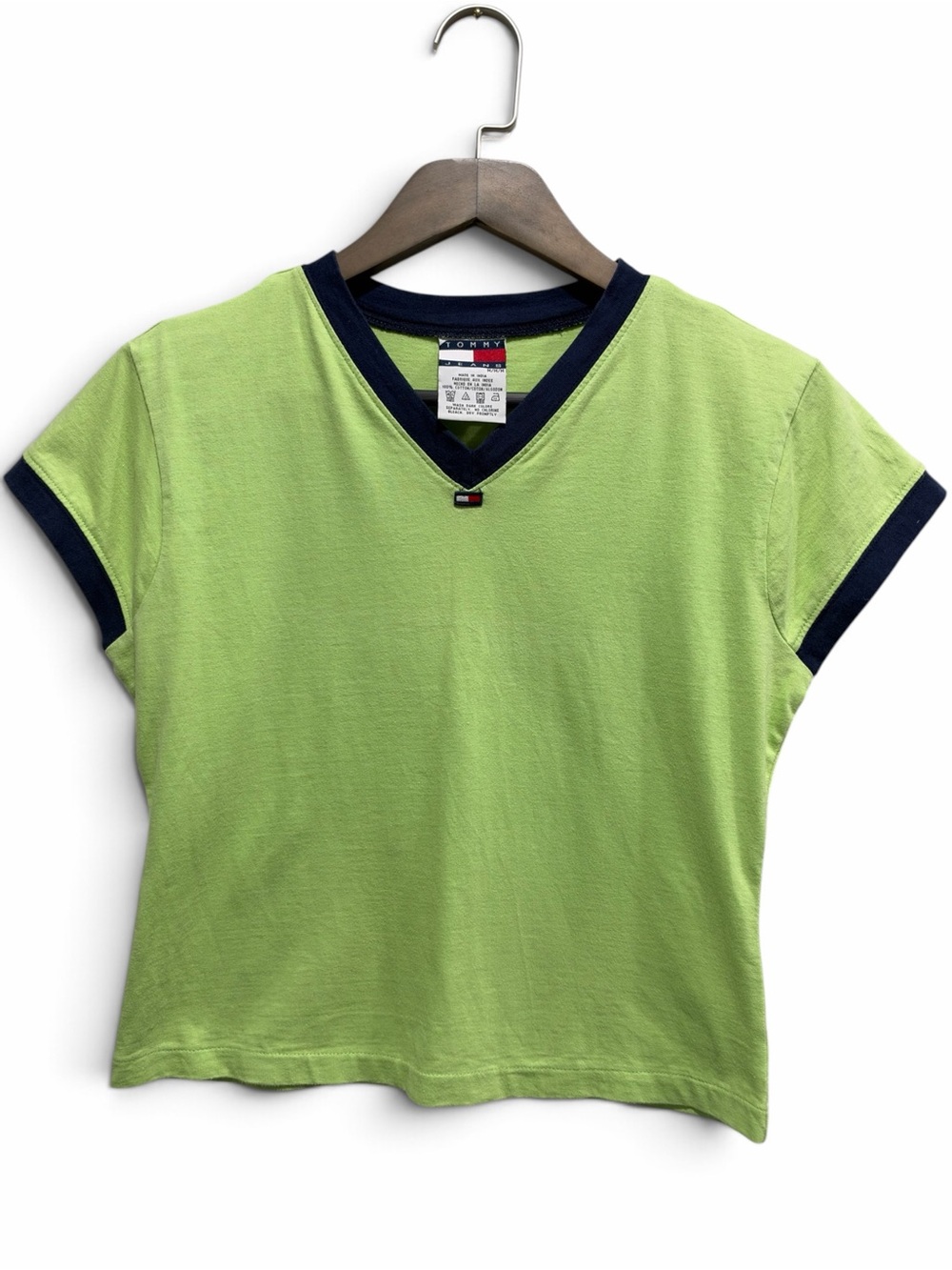 Tommy Jeans Lime Green Navy Ringer V Neck Baby Tee Cotton Medium